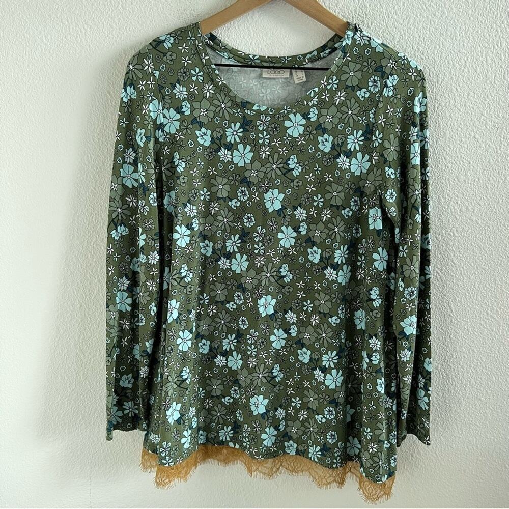 LOGO by Lori Goldstein Green Blue Floral Lace Contrast Top Blouse Shirt US M